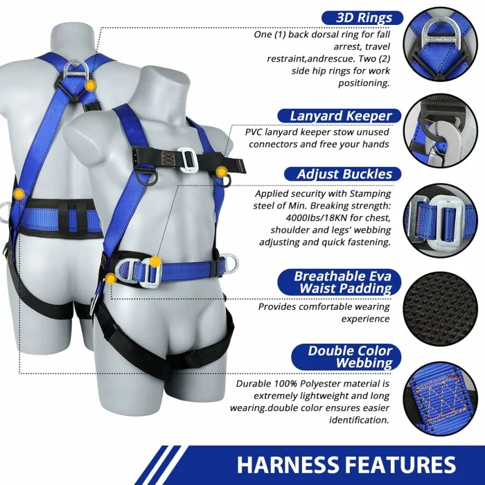 CE Certified Full Body Harness - Double Hook With Spring and Back Support - Blue - Image 3